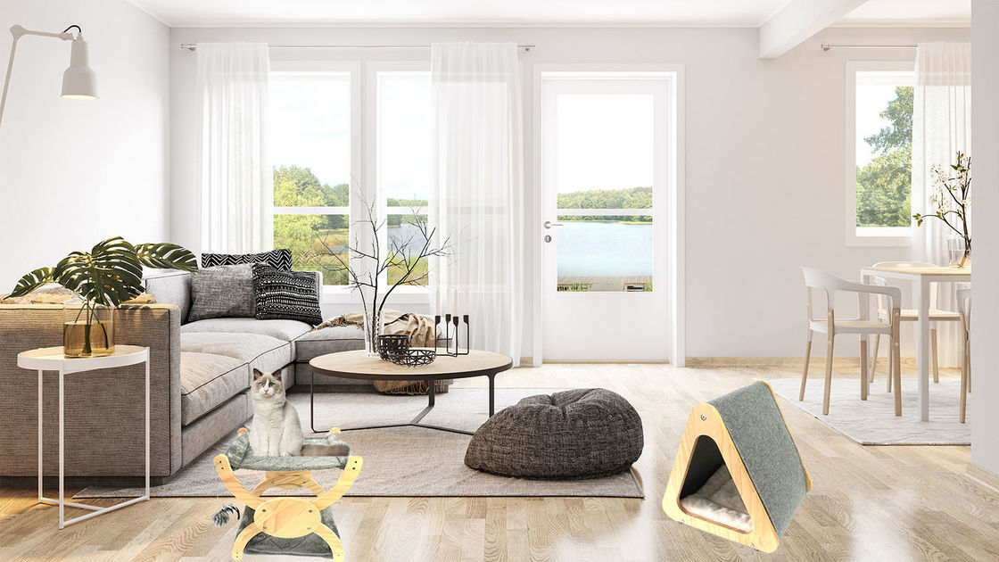 CARB Drewniane meble przyjazne dla kotów Składane łóżko dla kotów do drapania w jaskini filcowej